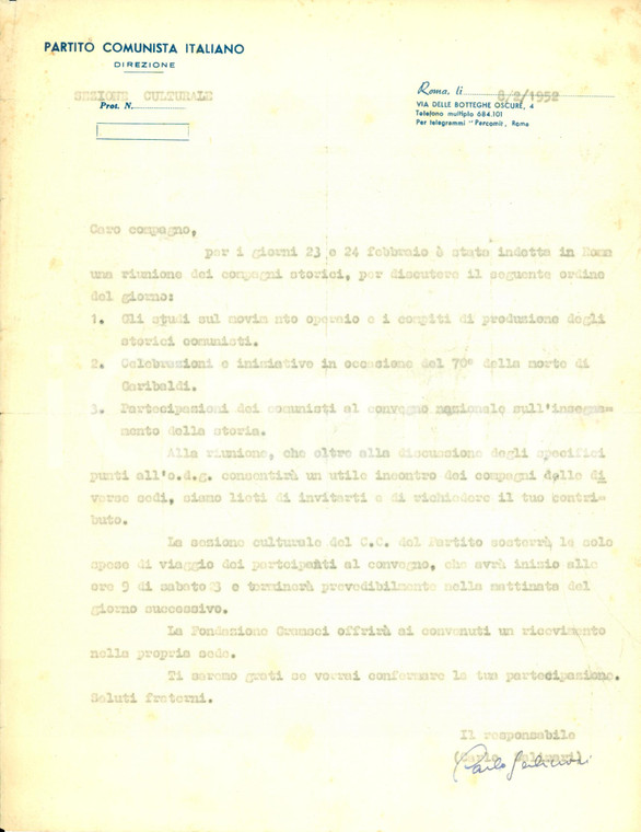 1952 ROMA PCI Carlo SALINARI espone programma riunione compagni AUTOGRAFO