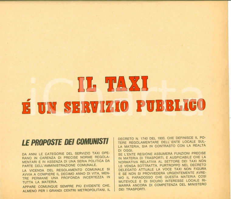 1968 MILANO PCI Taxi servizio pubblico Taxisti Comunisti ILLUSTRATO opuscolo