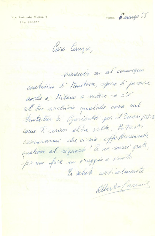 1955 ROMA Alberto CARACCIOLO cerca materiale su GARIBALDI *Lettera AUTOGRAFA