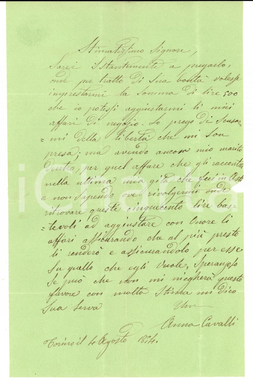 1854 TORINO Anna CAVALLI chiede prestito al birraio Giacomo GUGLIELMINETTI