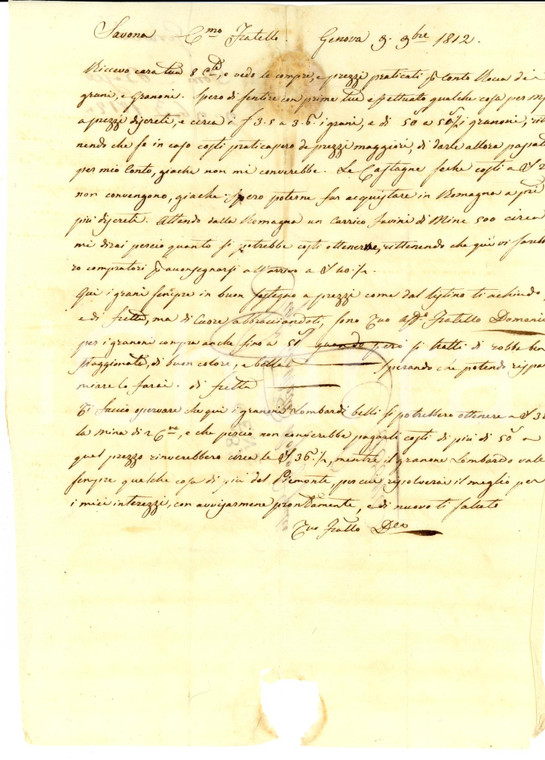 1812 GENOVA Domenico BOSCO scrive al fratello sul prezzo del granone lombardo