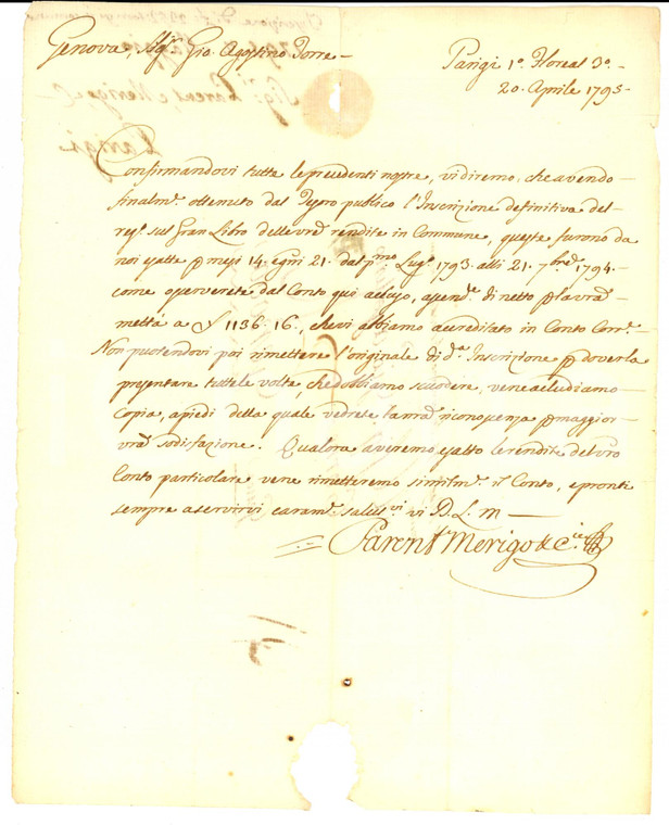 1795 PARIS PARENT, MERIGO & Cie su rendite di Giovanni Agostino TORRE *Lettera