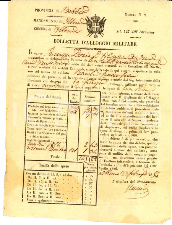 1856 OTTONE BOBBIO (PC) Principe Filippo DORIA Bolletta d'alloggio militare