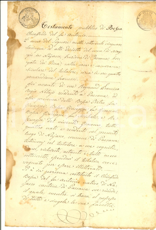 1855 PAESANA (CN) Testamento di Chiaffredo BOSSA *Manoscritto INCOMPLETO