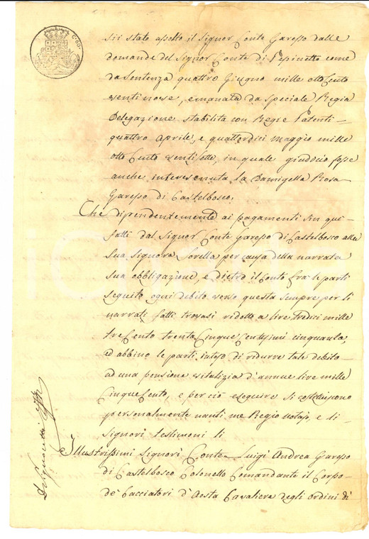 1830 FOSSANO (CN) Pensione Andrea GARESSO DI CASTELBOSCO alla sorella INCOMPLETO