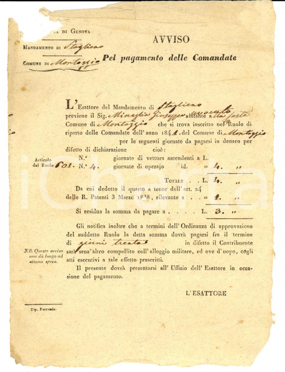 1841 GENOVA MONTOBBIO Avviso comandate a Giuseppe MINAGLIA su giornate d'operaio