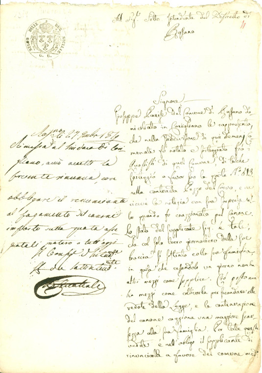 1819 CORIGLIANO CALABRO (CS) Giuseppe PARISE rinuncia a quota sorteggio