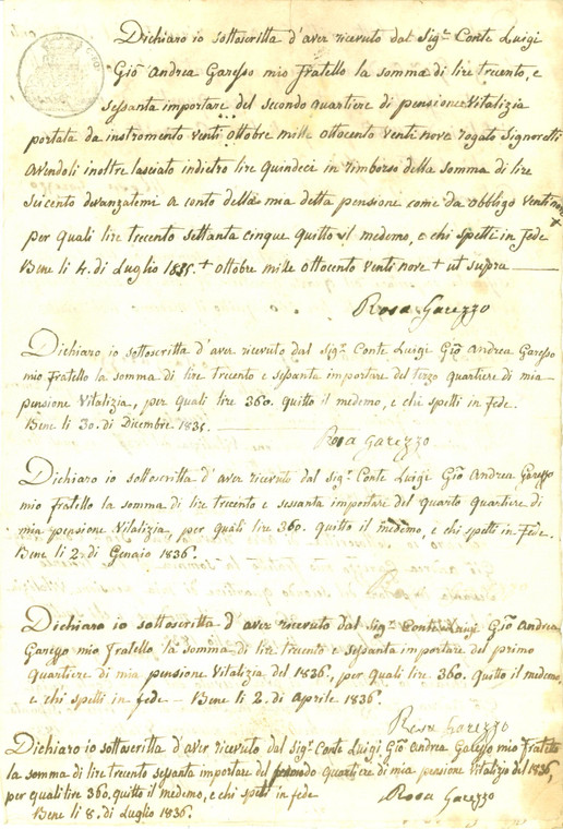 1835 CHERASCO (CN) Conte Luigi Giovanni Andrea GARESSO paga vitalizio a sorella