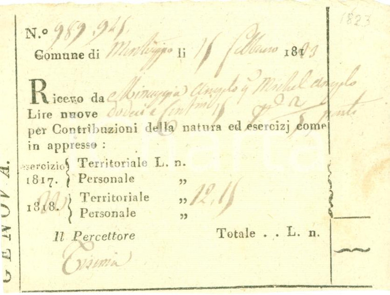 1823 MONTOGGIO (GE) Angelo MINUGGIA paga imposta territoriale *Documento