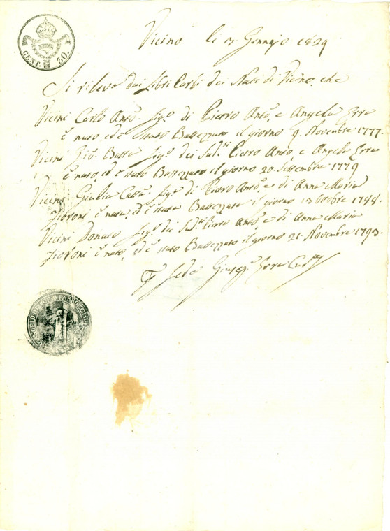 1829 FIGINO SERENZA (CO) Figli Pietro VICINI battezzati a SAN MICHELE ARCANGELO
