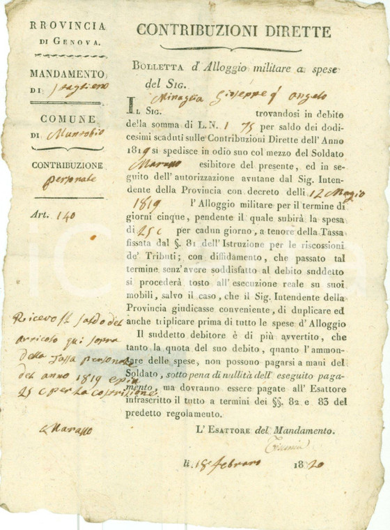 1820 MONTOGGIO (GE) Giuseppe MINAGLIA deve pagare alloggio militare *Documento