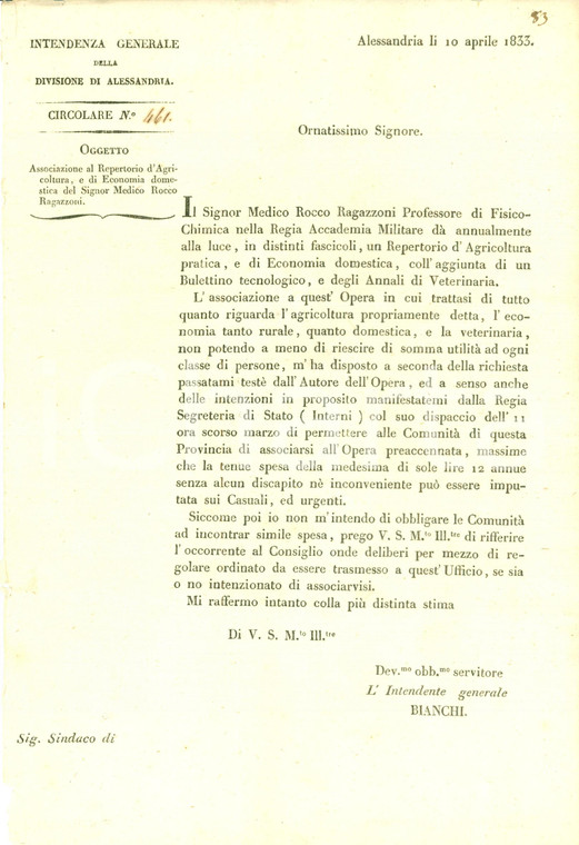 1833 REFRANCORE (AT) Associatevi al Repertorio Agricolo di Rocco RAGAZZONI