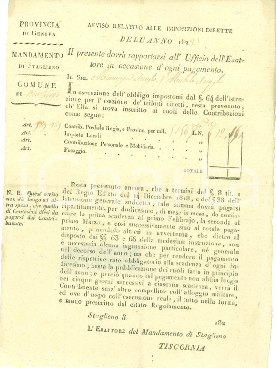 1822 MONTOGGIO (GE) Angelo MINUGGIA paga imposta prediale Regia *Documento