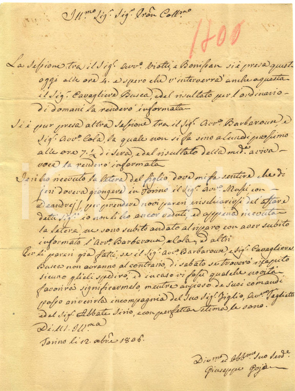 1806 TORINO Il procuratore Giuseppe GOIA scrive a Domenico SCOZIA