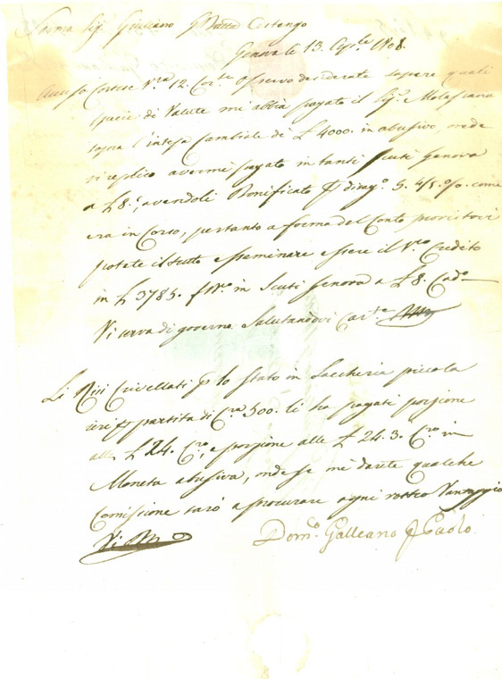 1808 GENOVA Agente Domenico GALLEANO su affari Giovanni Battista ASTENGO Lettera