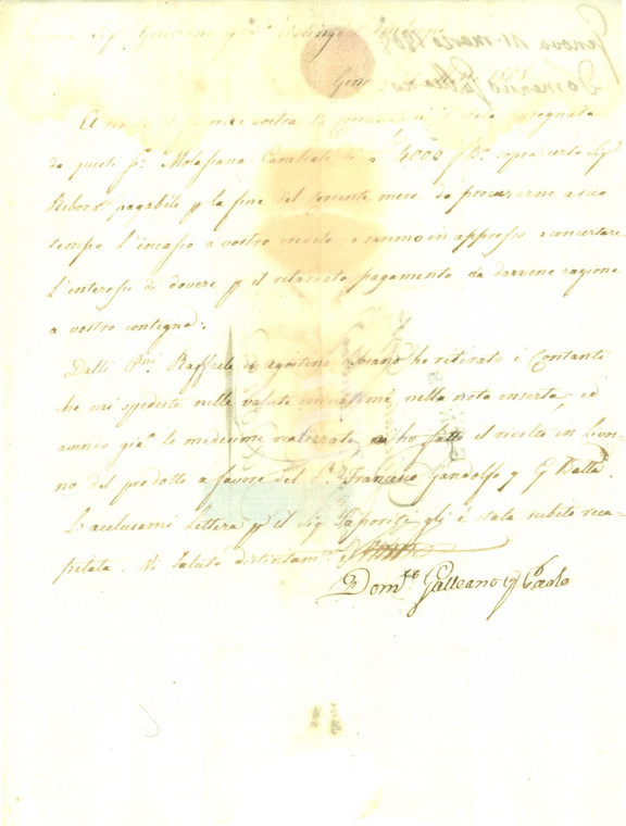 1808 GENOVA Agente Domenico GALLEANO ritira contanti a Giovanni Battista ASTENGO
