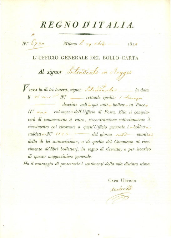 1811 MILANO REGNO D'ITALIA Ufficio Bollo Carta spedisce stampi STORIA POSTALE
