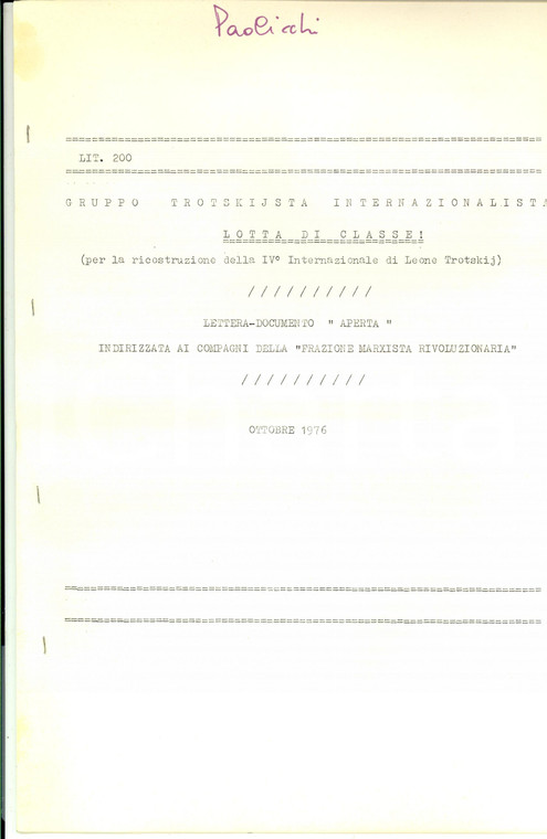 1976 ROMA Silvio PAOLICCHI Lettera aperta alla Frazione MARXISTA RIVOLUZIONARIA