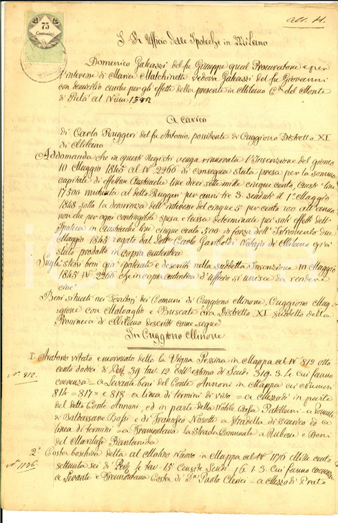 1850 ca CUGGIONO (MI) Beni rurali di Carlo RUGGERI albergatore *Manoscritto