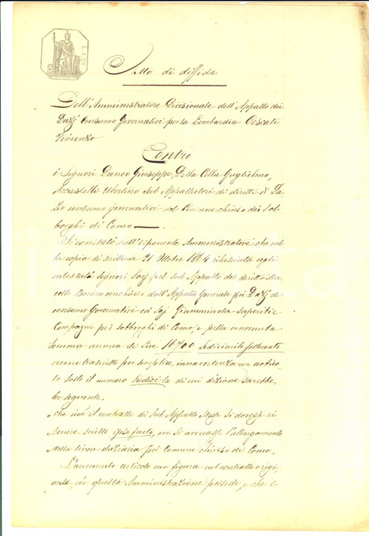 1866 COMO Diffida a Giuseppe DANEO e Guglielmo DELLA CELLA Appalto DAZIO CONSUMO