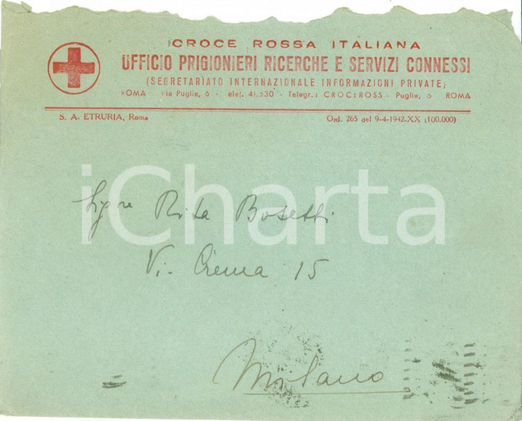 1942 CROCE ROSSA ITALIANA Ufficio Prigionieri Ricerche *Busta priva di contenuto