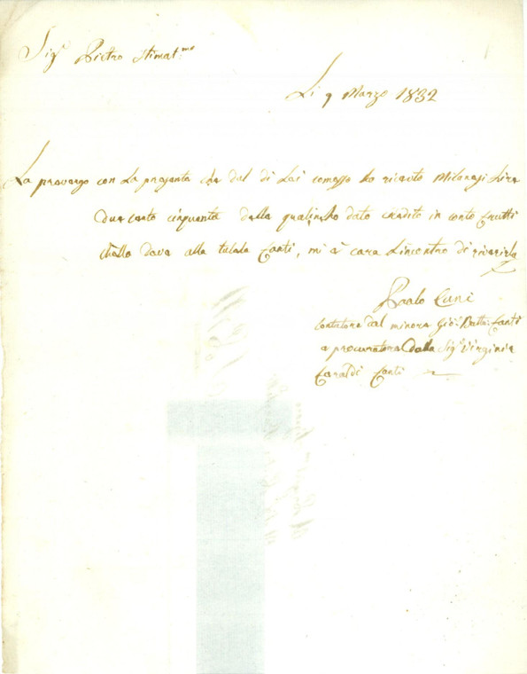 1832 BRESCIA Virgnia FEROLDI FANTI riceve interessi dote Giovanni Battista FANTI