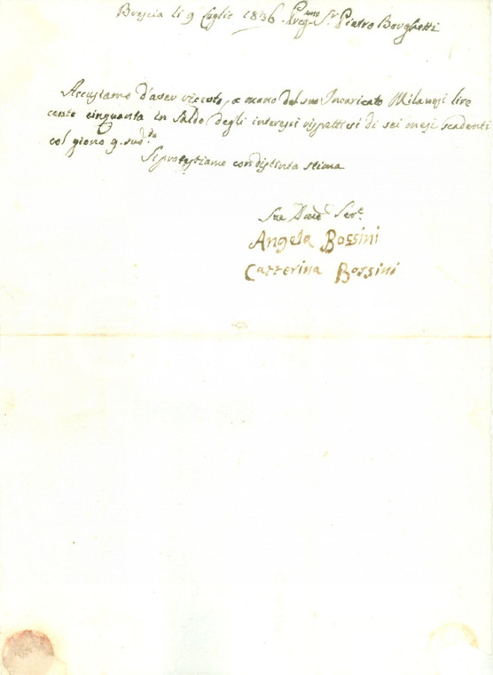 1836 BRESCIA Angela e Caterina BOSSINI ricevono interessi su capitale *Documento