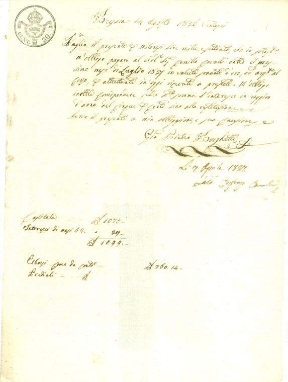 1827 BRESCIA Camillo CAVALLI presta denaro a Giovanni Pietro BORGHETTI Documento