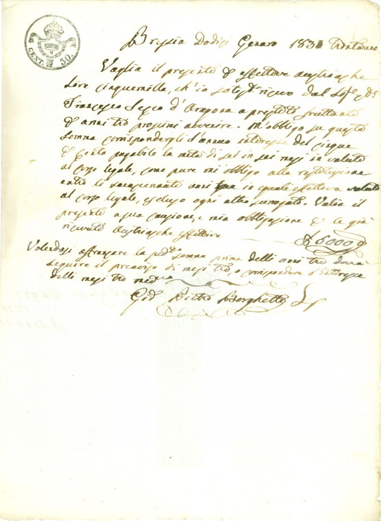 1830 BRESCIA Francesco SECCO D'ARAGONA presta denaro a Giovanni Pietro BORGHETTI