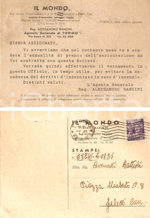 1944 TORINO Assicurazioni IL MONDO comunicano scadenza premio Francobollo RSI