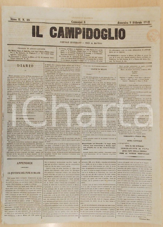 1862 MILANO Giornale IL CAMPIDOGLIO Vogliamo l'ITALIA una e ROMA Capitale!