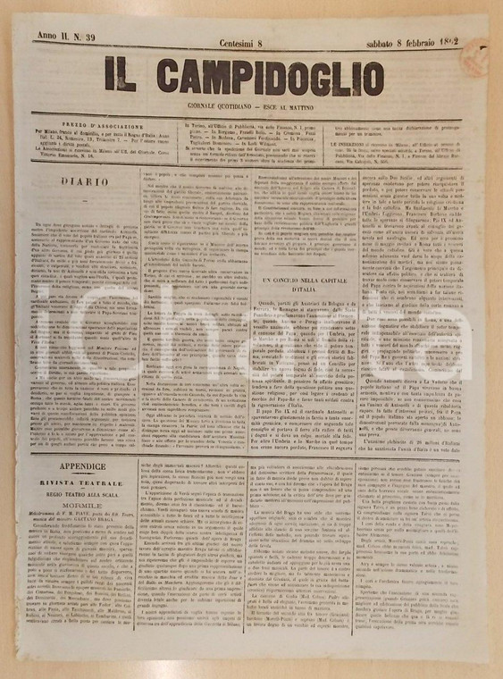 1862 MILANO Giornale IL CAMPIDOGLIO Un Concilio nella Capitale d'ITALIA