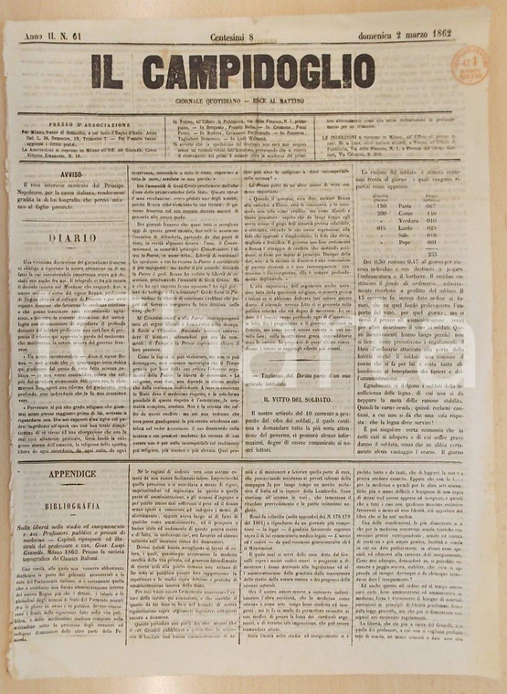 1862 MILANO Giornale IL CAMPIDOGLIO Costo giornaliero del vitto del soldato