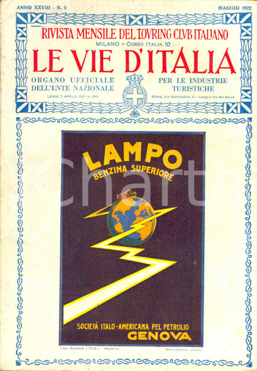 1922 LE VIE D'ITALIA TCI Val d'AYAS regno dei CHALLANT *Anno XXVIII n°5 LAMPO