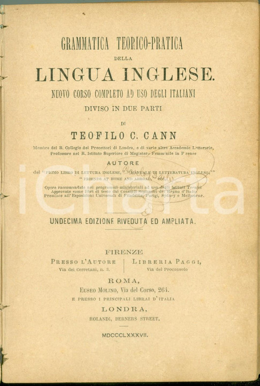 1887 Teofilo CANN Grammatica teorico-pratica della lingua inglese Undicesima ed.