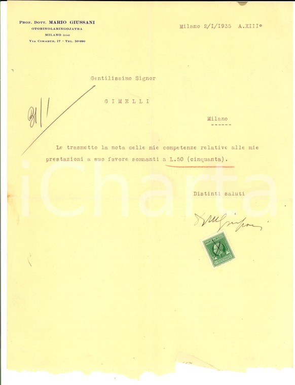 1935 MILANO Mario GIUSSANI otorinolaringoiatra - Nota di competenze