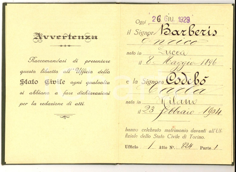 1929 MILANO Libretto Stato Civile - Famiglia di Enrico BARBERIS e Carla CODEBO'