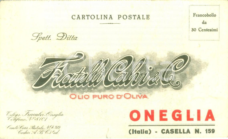 1933 ONEGLIA (IM) Ditta Fratelli CARLI Produttori olio d'oliva *Cartolina FP NV