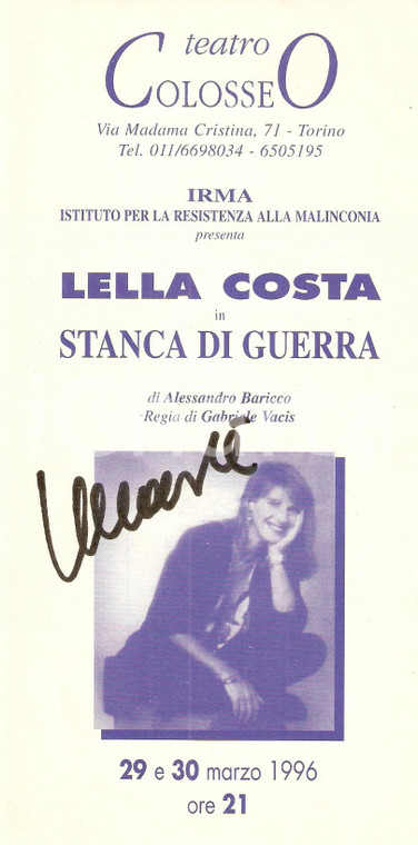 1996 TORINO Teatro Colosseo Lella COSTA Stanca di guerra *AUTOGRAFO