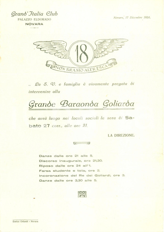 1924 NOVARA Grande Baraonda Goliardica al GRAND'ITALIA CLUB *Documento