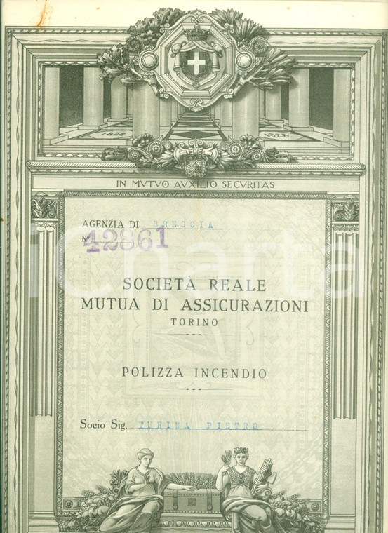 1937 SALO' (BS) Società Reale Mutua Assicurazioni Polizza incendio Pietro TURINA