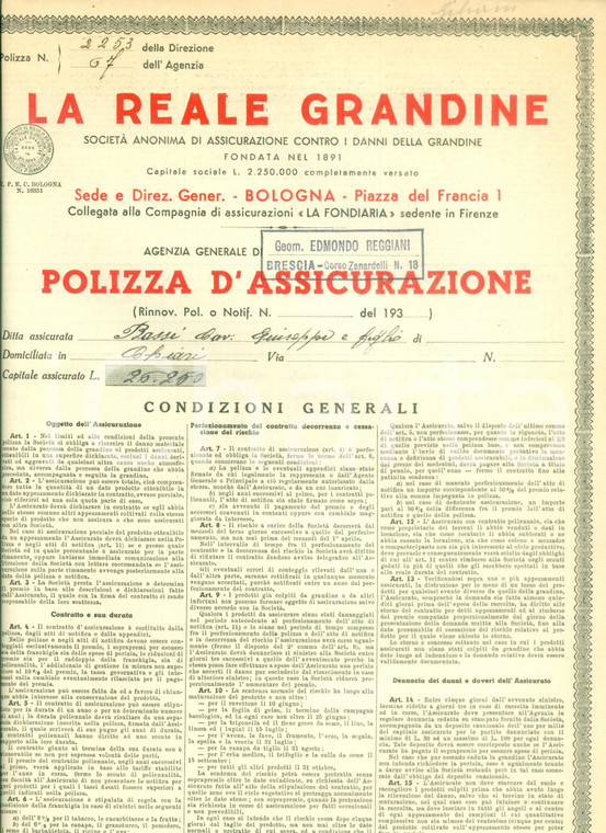 1938 BRESCIA Società Assicurazioni LA REALE GRANDINE Polizza Giuseppe BASSI