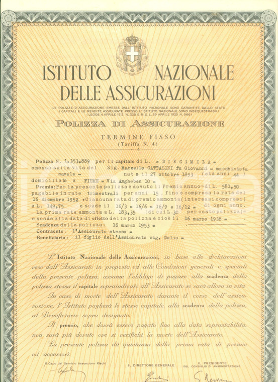 1938 ISTITUTO NAZIONALE DELLE ASSICURAZIONI Polizza vita di Marcello CATTALINI
