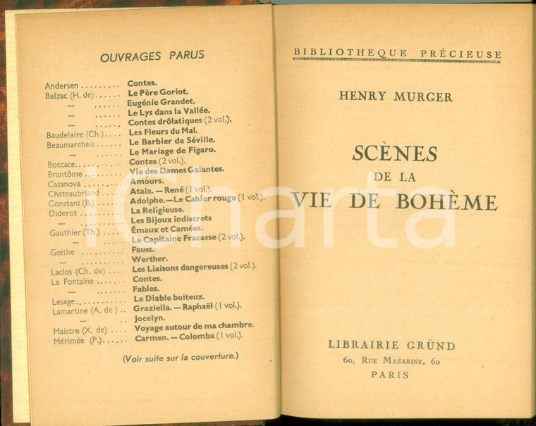 1936 Henry MURGER Scènes de la vie de BOHEME Librairie GRUND