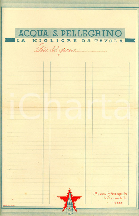 1940 ACQUA SAN PELLEGRINO La migliore da tavola Lista del giorno non compilata