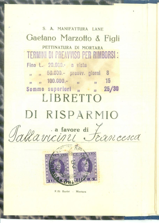 1950-1959 MORTARA Libretto risparmio Francesca PALLAVICINI Lane MARZOTTO