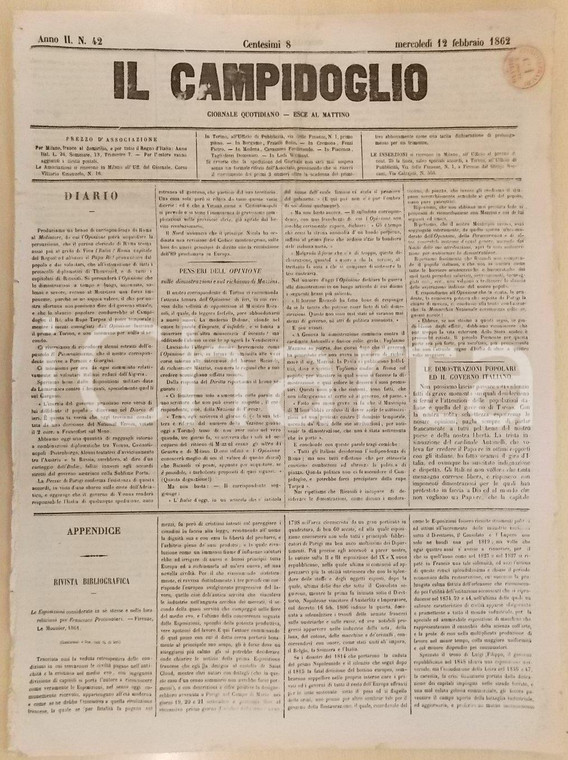 1862 MILANO Giornale IL CAMPIDOGLIO Popolo italiano dimostra contro il PAPA RE