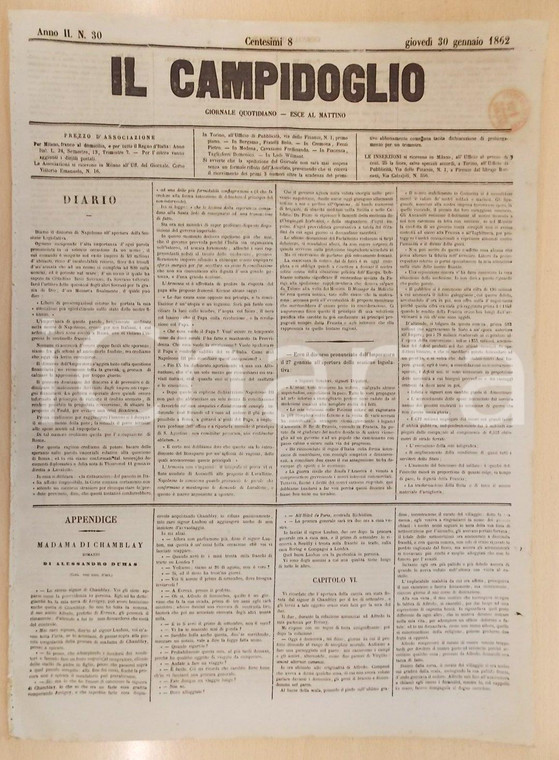 1862 MILANO Giornale IL CAMPIDOGLIO Discorso di NAPOLEONE su situazione ITALIA
