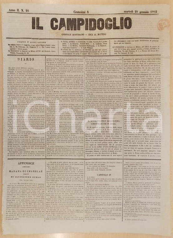 1862 MILANO Giornale IL CAMPIDOGLIO Senso dell''ultima dimostrazione di ROMA