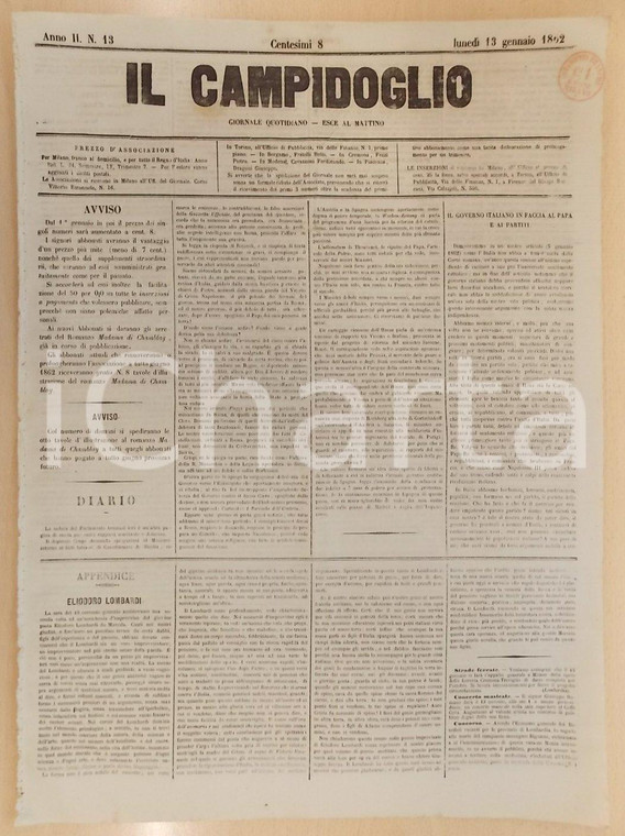 1862 MILANO Giornale IL CAMPIDOGLIO Curia Romana è il capo dei nemici d'ITALIA